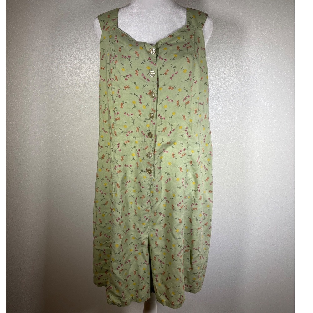 Vintage Fairycore Floral Boho Romper Sage Green XL Lace Up Back Basic Editions